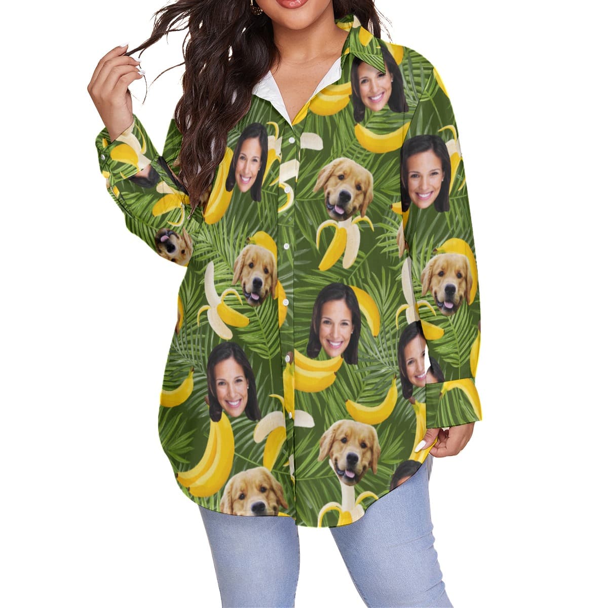 Women’s Custom Face And Dog Banana Oversized Hawaiian Shirt (1)