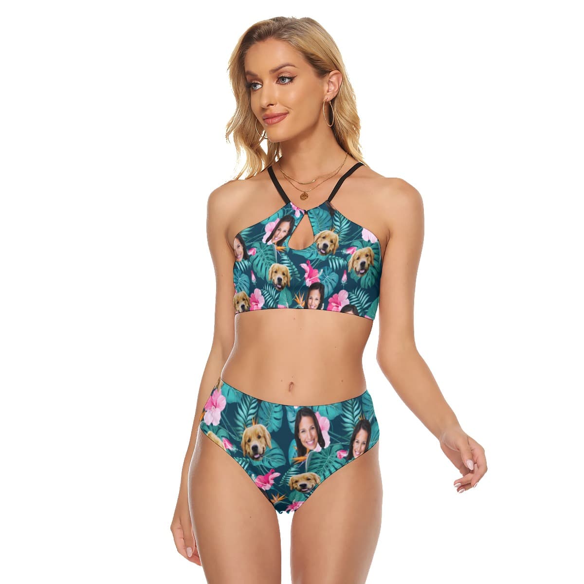 Women’s Custom Face And Dog Floral Hawaiian Two-piece Swimsuit (1)