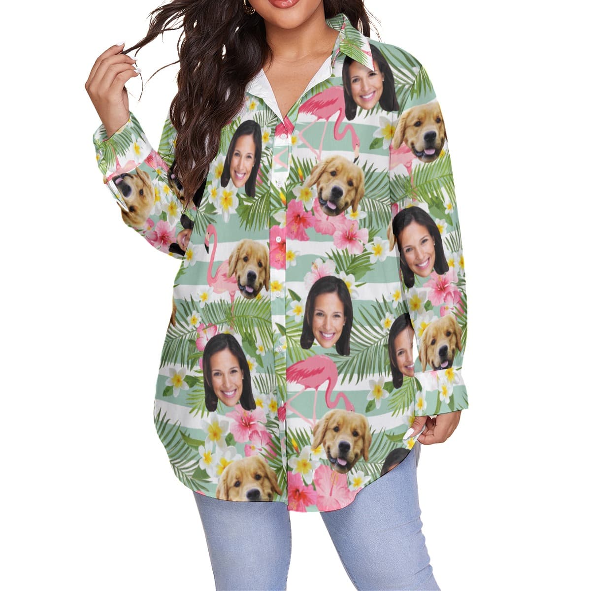 Women’s Custom Face And Dog Floral Oversized Hawaiian Shirt (1)