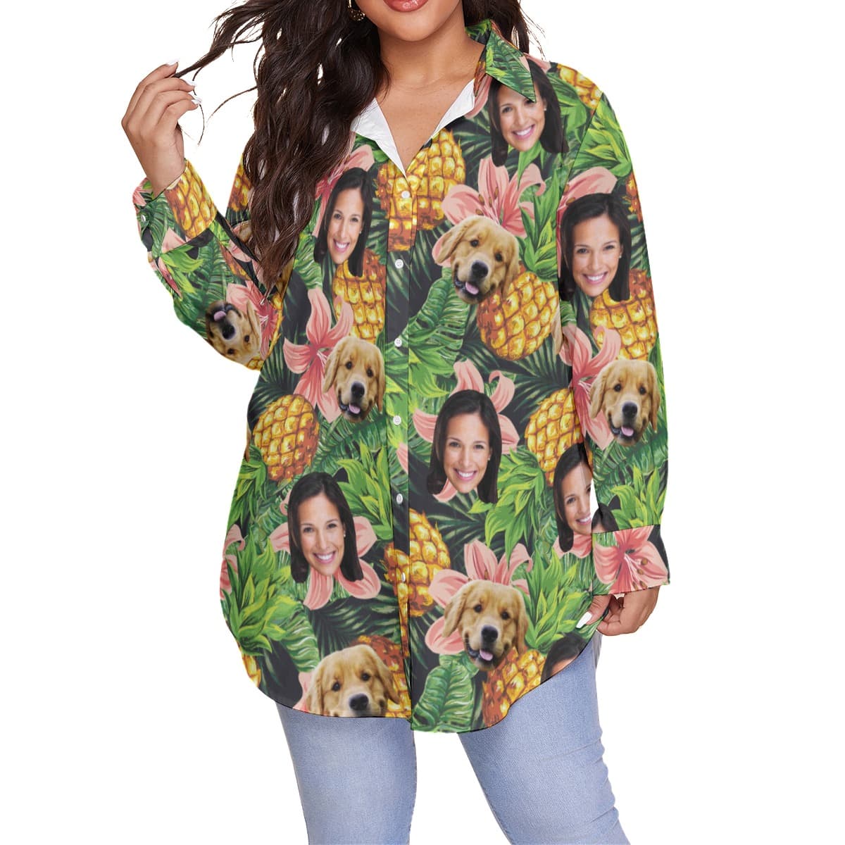 Women’s Custom Face And Dog Floral Plus Size Hawaiian Shirt (1)