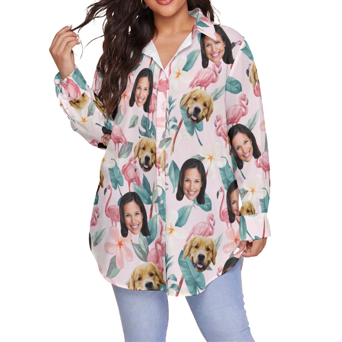 Women’s Custom Face And Dog Oversized Hawaiian Shirt (1)