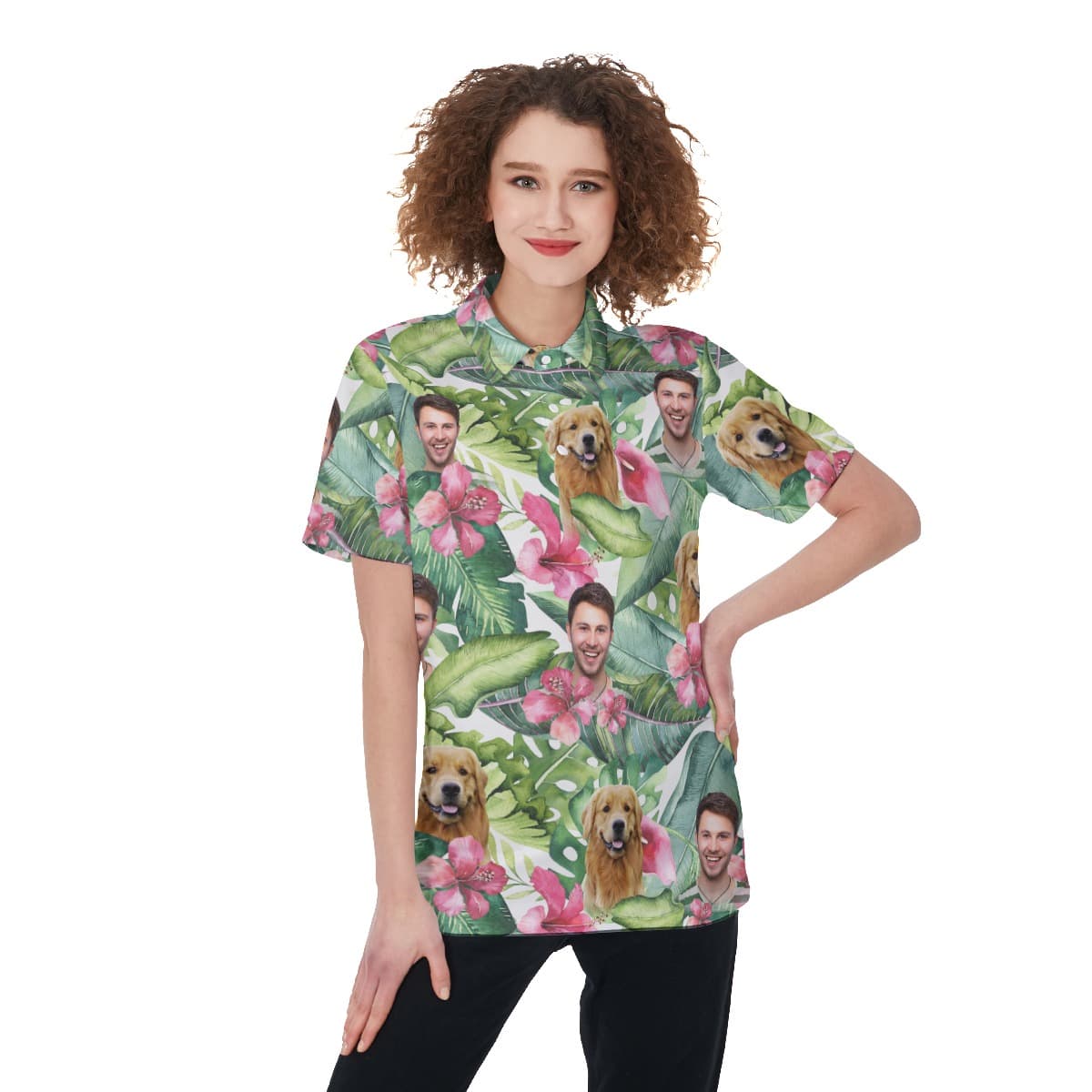 Women’s Custom Face Floral Hawaiian Polo Shirt (1)