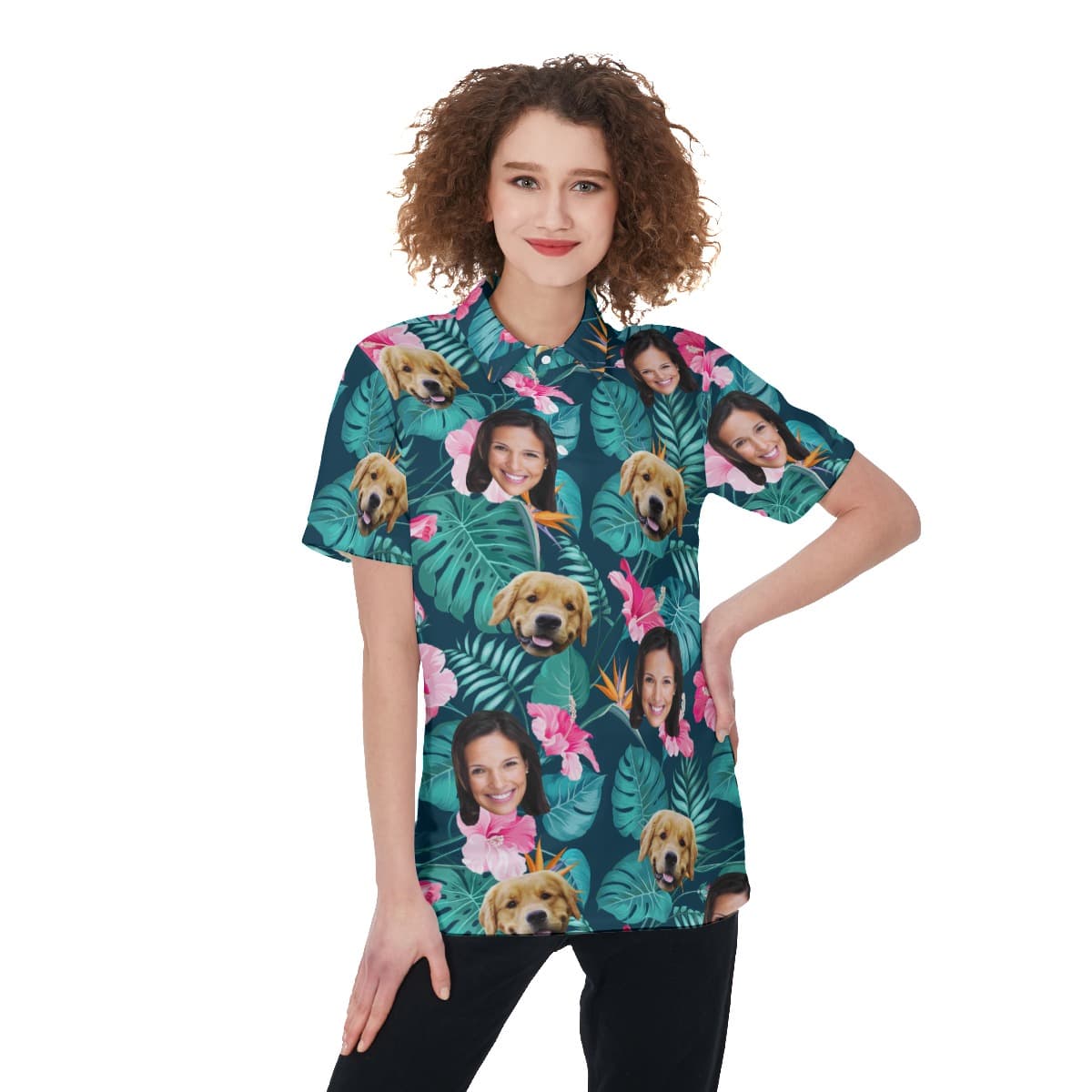 Women’s Custom Face Floral Polo Hawaiian Shirt With Dog Face (1)