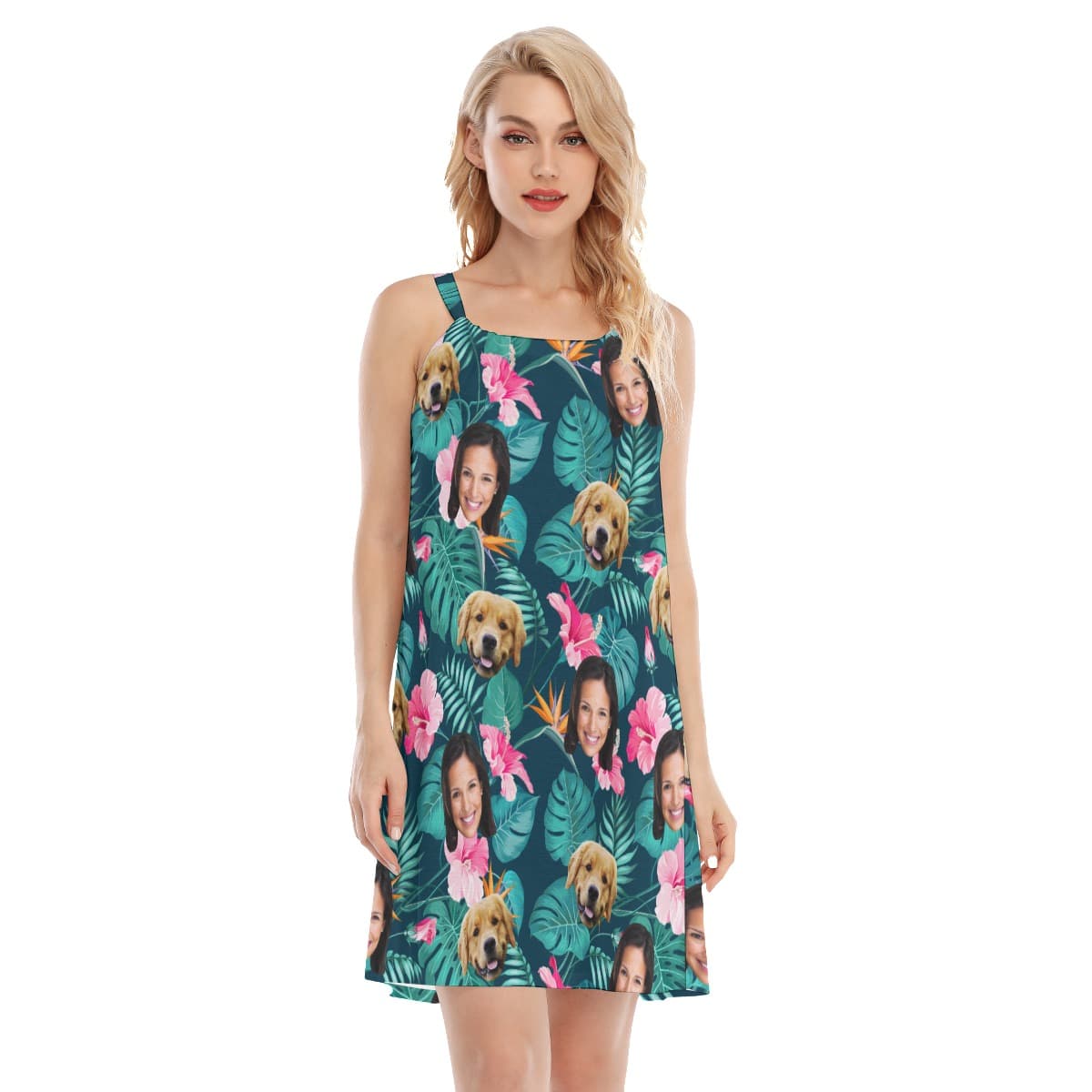 Women’s Custom Face With Your Dog Floral Hawaiian Dress (1)