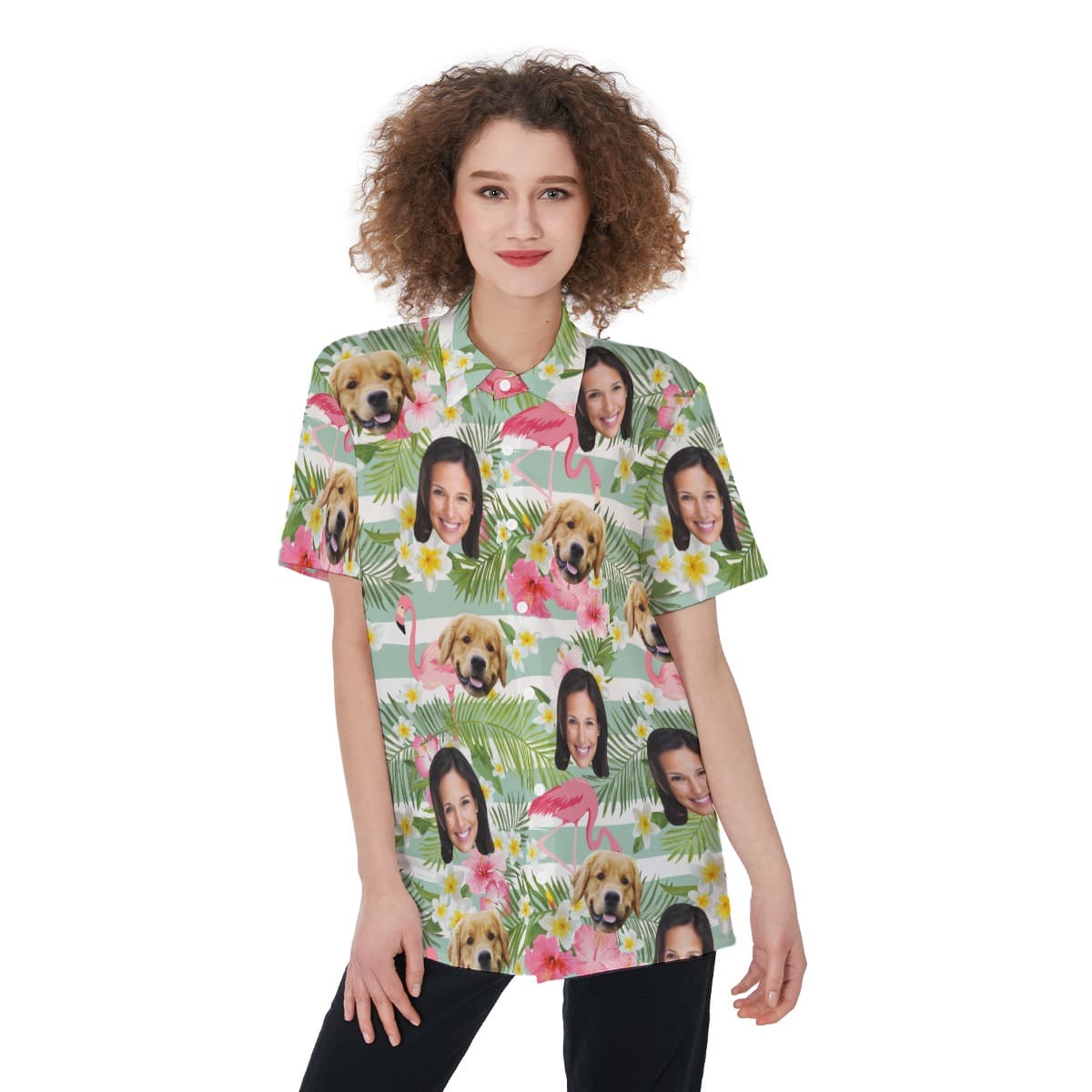 Women’s Custom Pet And Owner Face Flamingo Hawaiian Shirt (1)