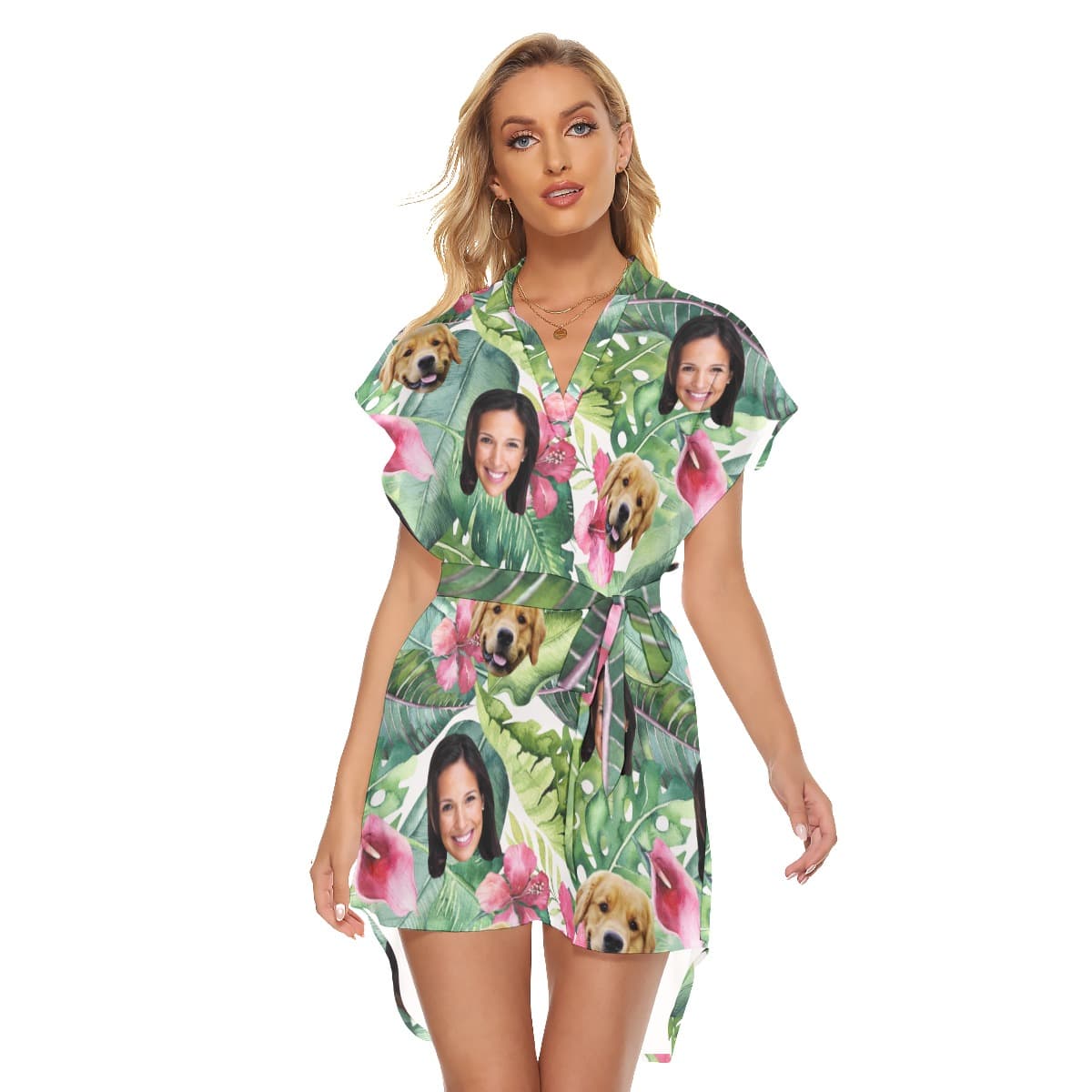 Women’s Customize And Dog Tropical Hawaiian Dress With Belt (1)