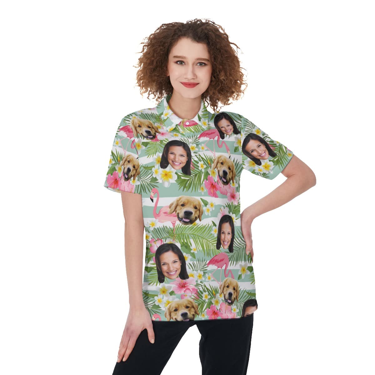 Women’s Flamingo Custom Face Polo Hawaiian Shirt With Dog Face (1)