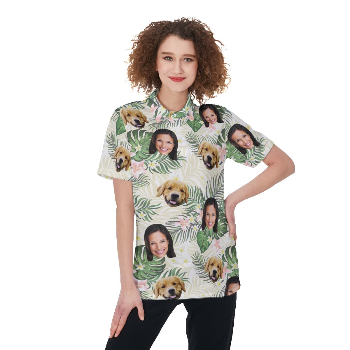 Women’s Floral Custom Face Polo Hawaiian Shirt With Dog Face (1)