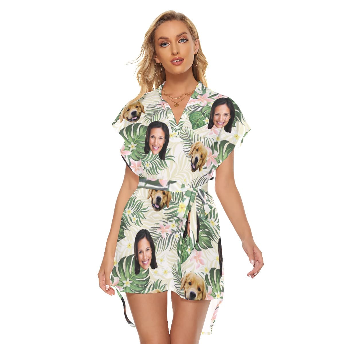 Women’s Floral Customize And Dog Hawaiian Dress With Belt (1)