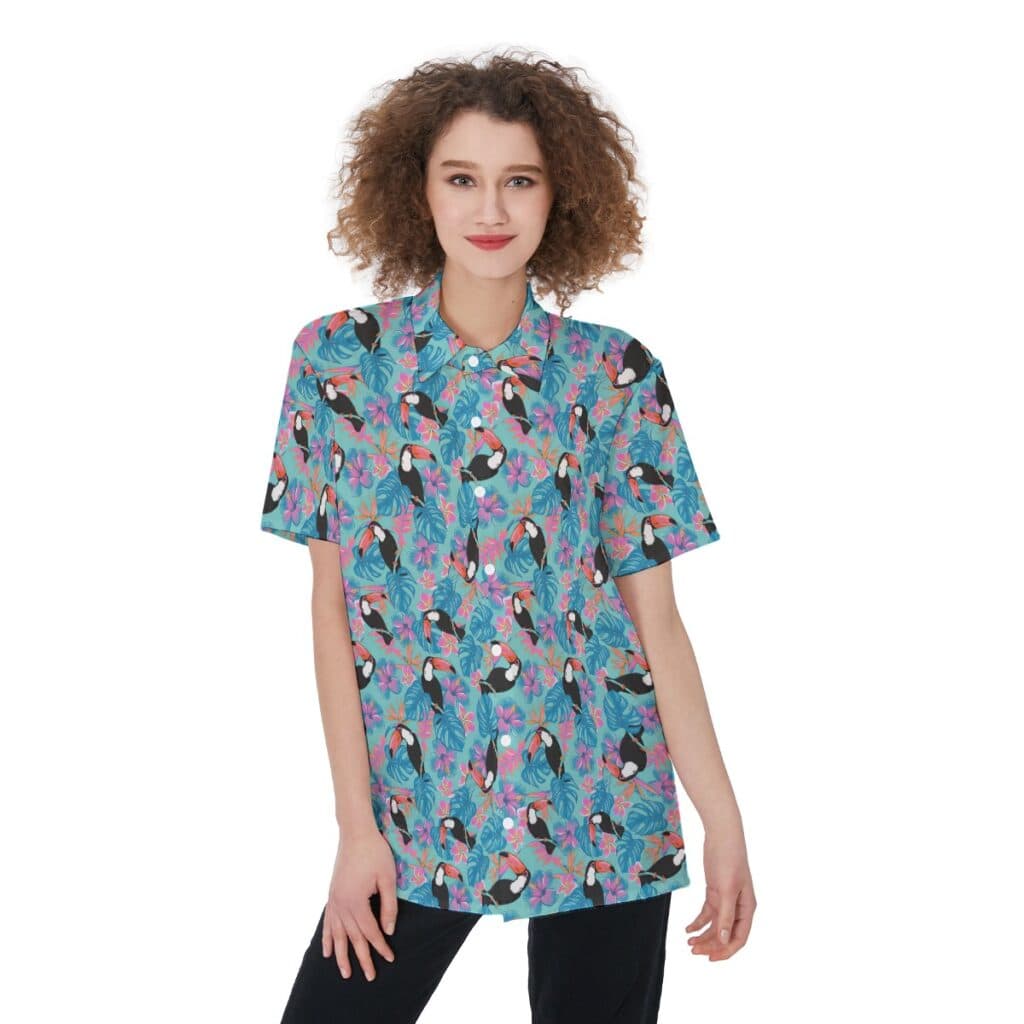 Women's Floral Parrot Blue Hawaiian Shirt