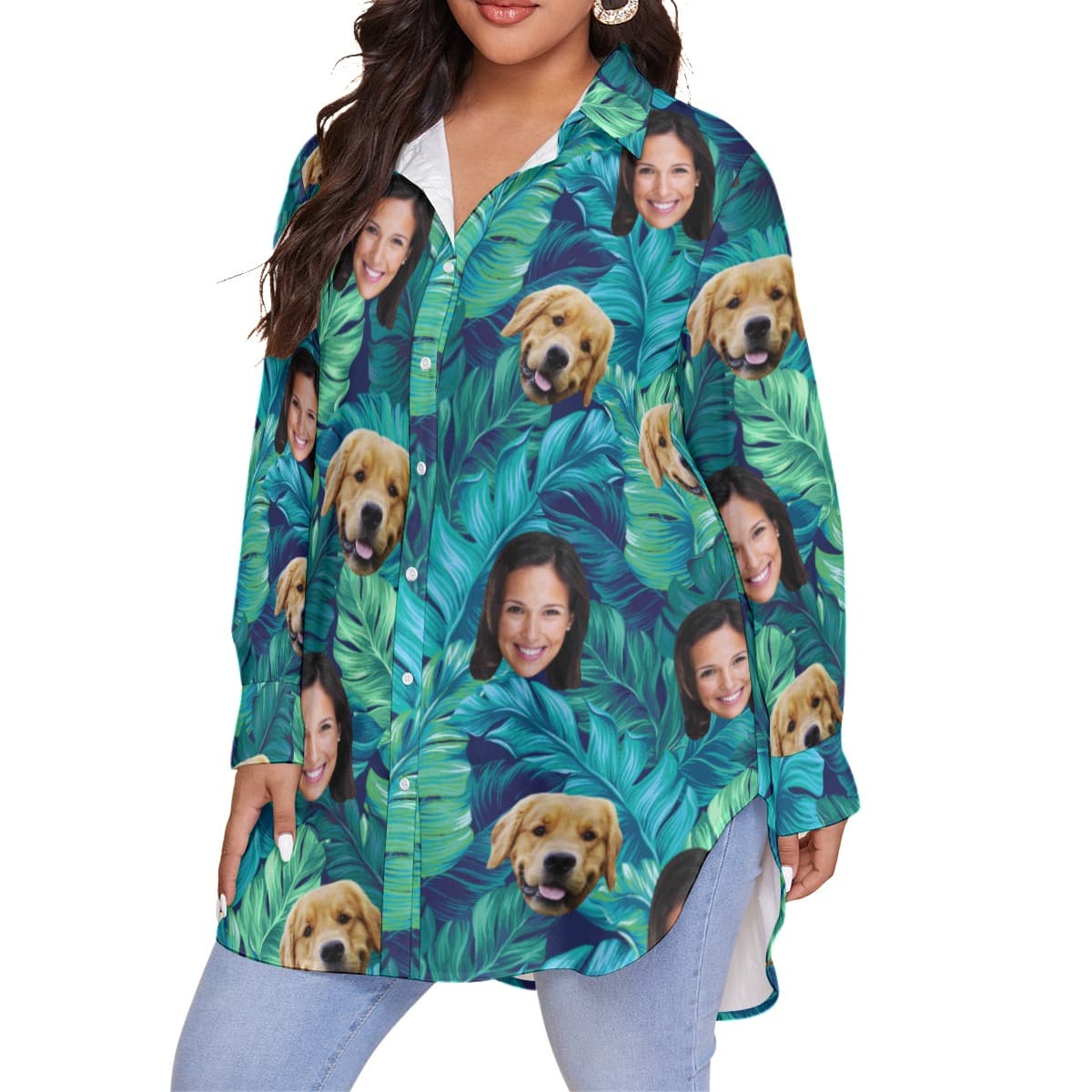Women’s Funny Face And Dog Custom Hawaiian Plus Size Shirt (2)