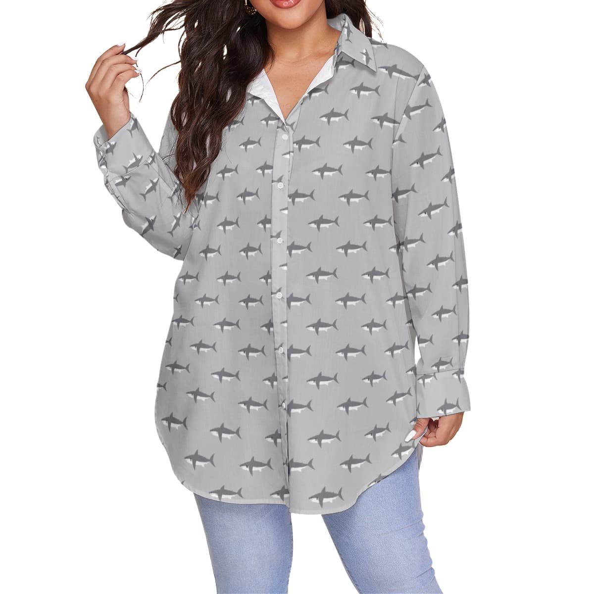 Women’s Mommy Shark Gray Plus Size Hawaiian Shirt (1)
