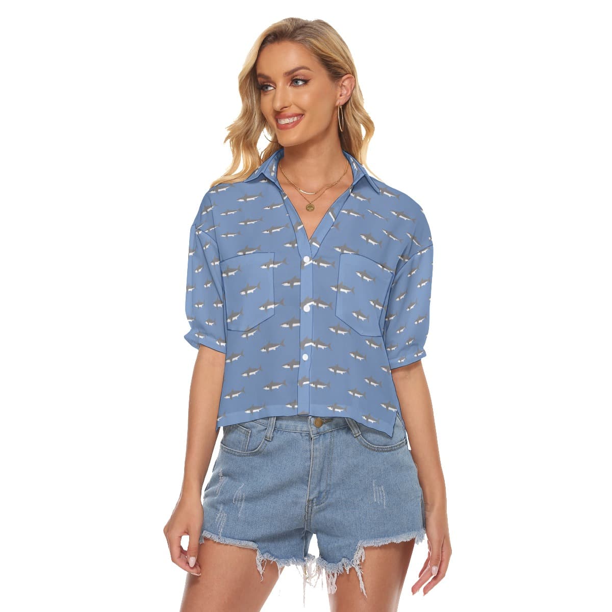 Women’s Mommy Shark Hawaiian Cropped Shirt (1)