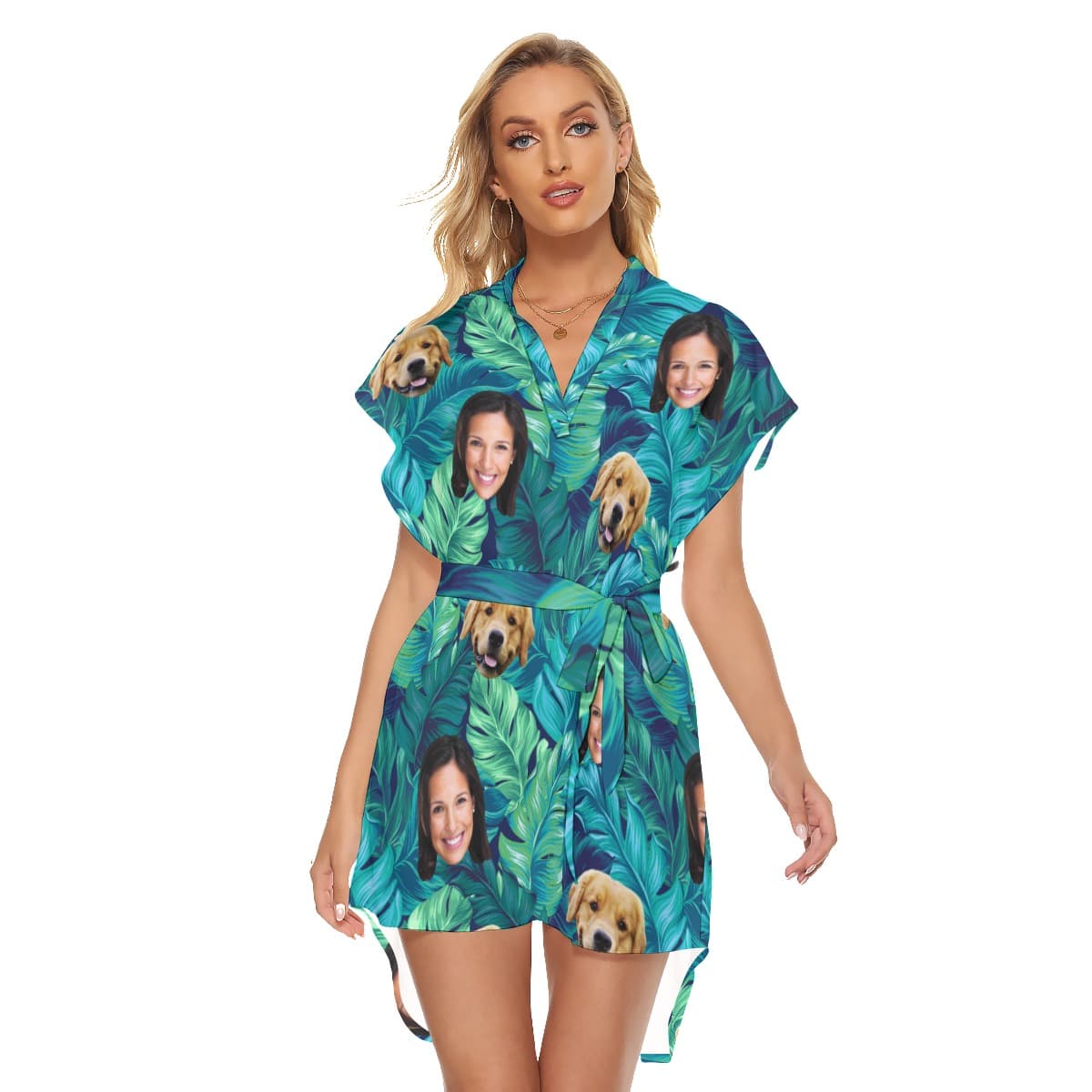 Women’s Tropical Customize And Dog Hawaiian Dress With Belt (1)