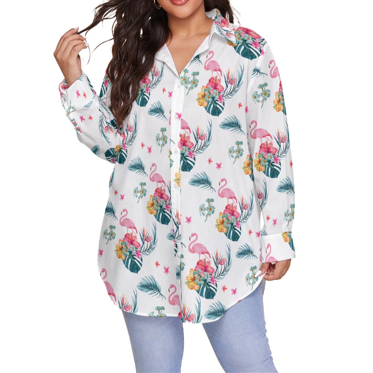 Women’s White Flamingo Plus Size Hawaiian Shirt (1)