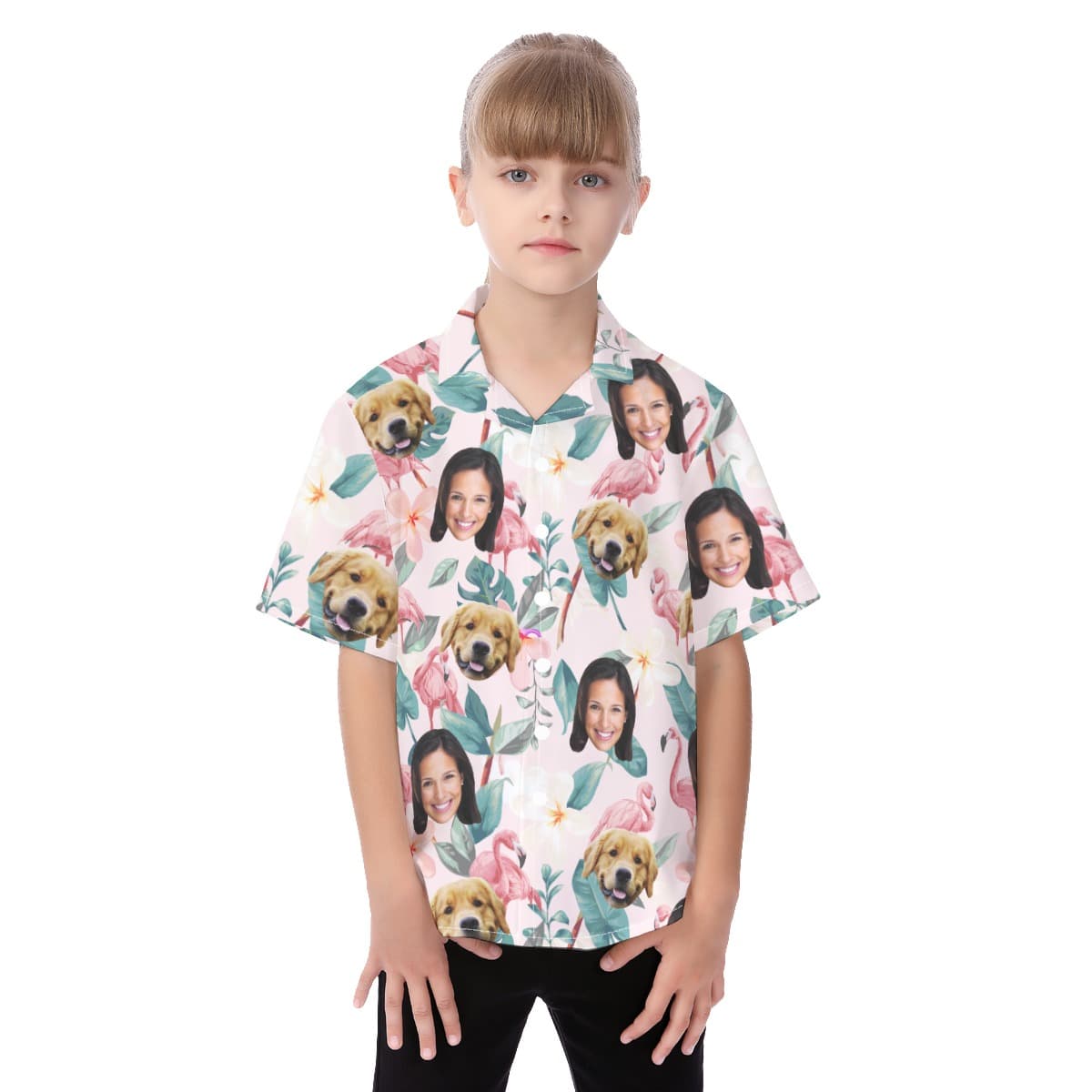 Your Face And Pet Flamigo Custom Hawaiian Shirt For Kids (1)