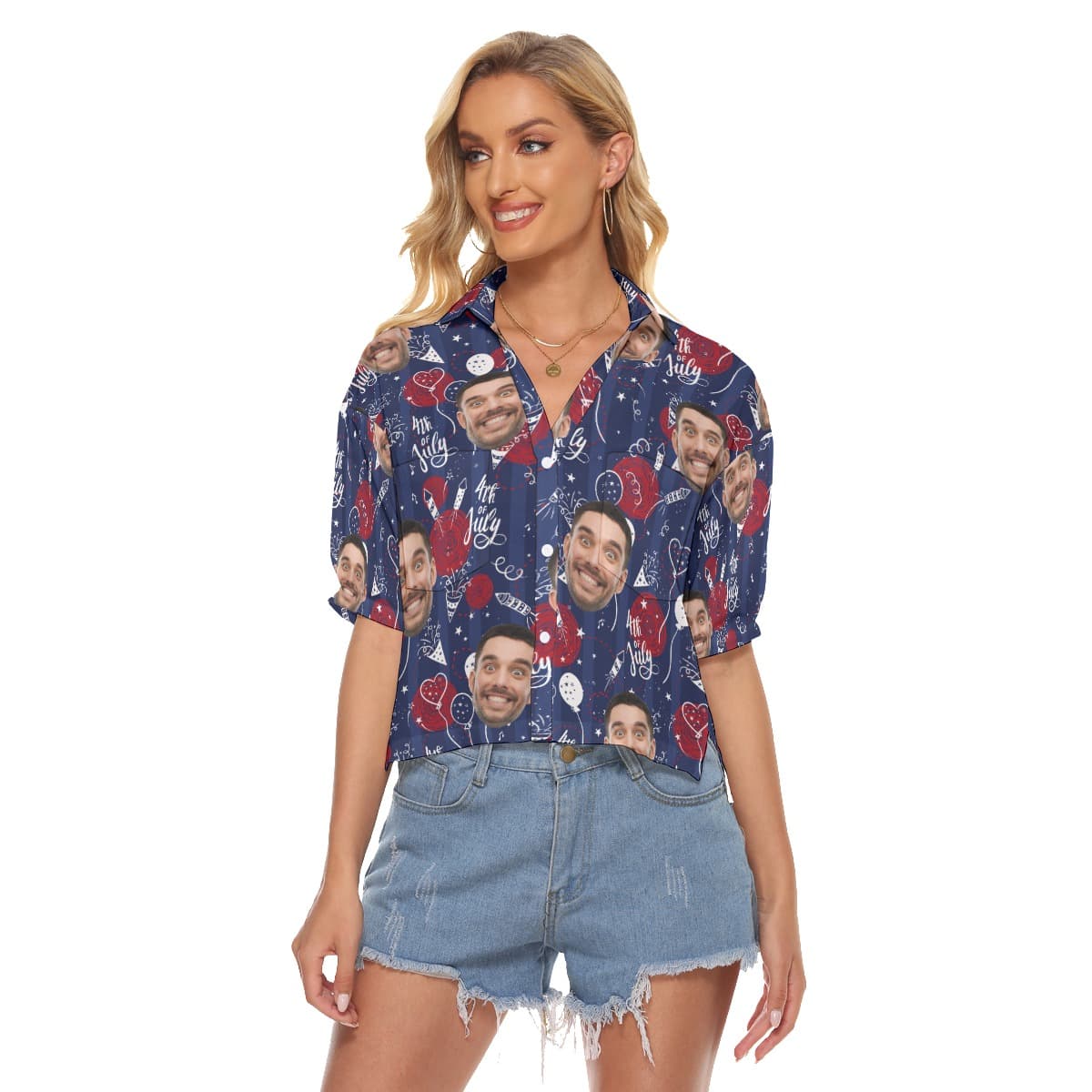 4th Of July Custom Face Hawaiian Crop Top Shirt For Women (4)