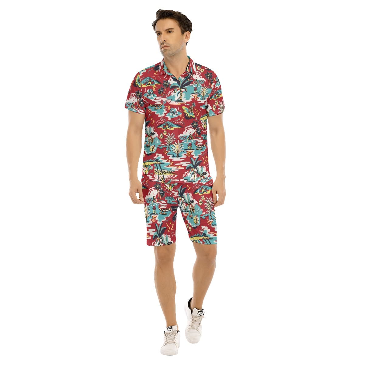 All Over Print Red Tropical Aloha Beach Shirt Set For Men (1)