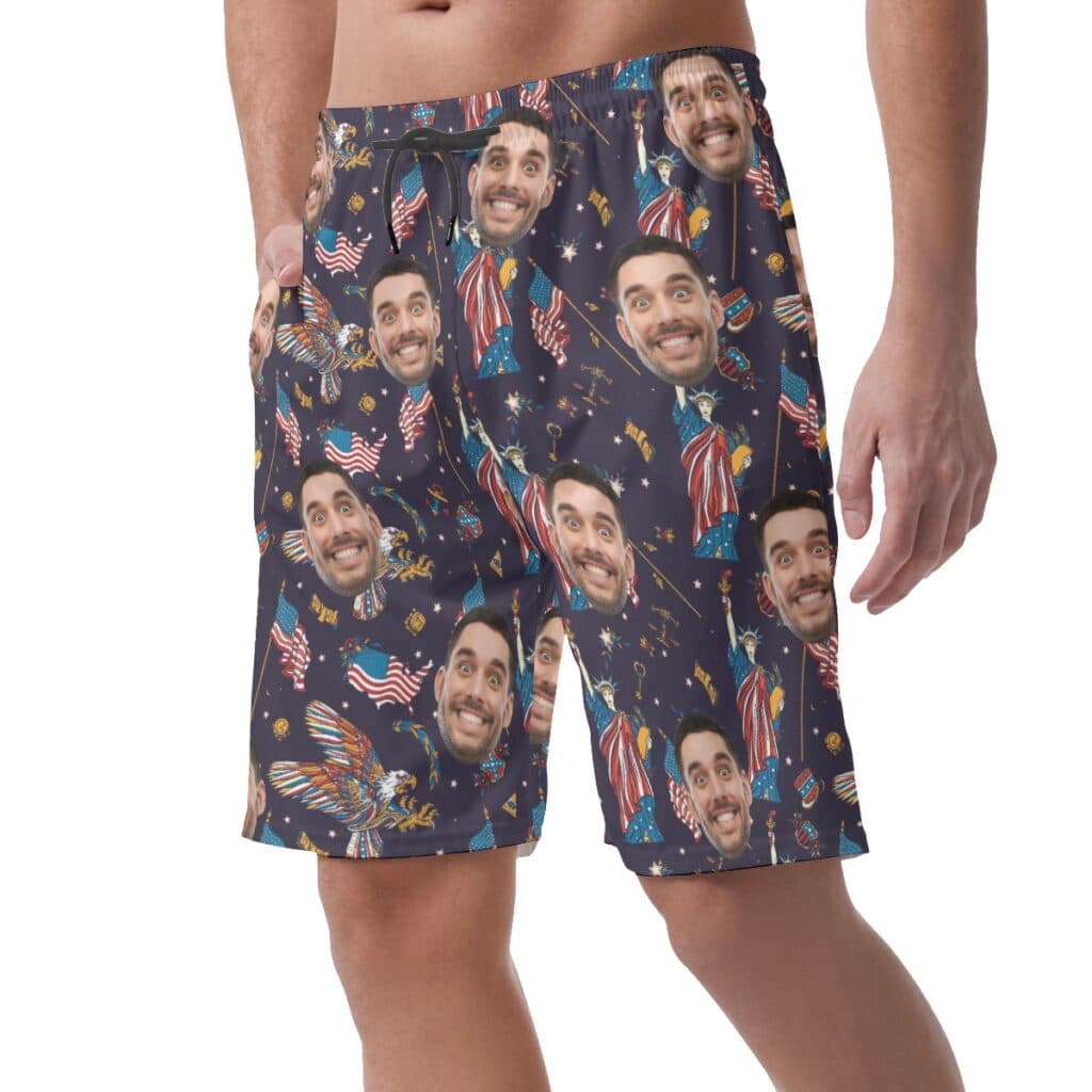American Eagle And Statue Of Liberty Custom Face Hawaiian Beach Shorts For Men