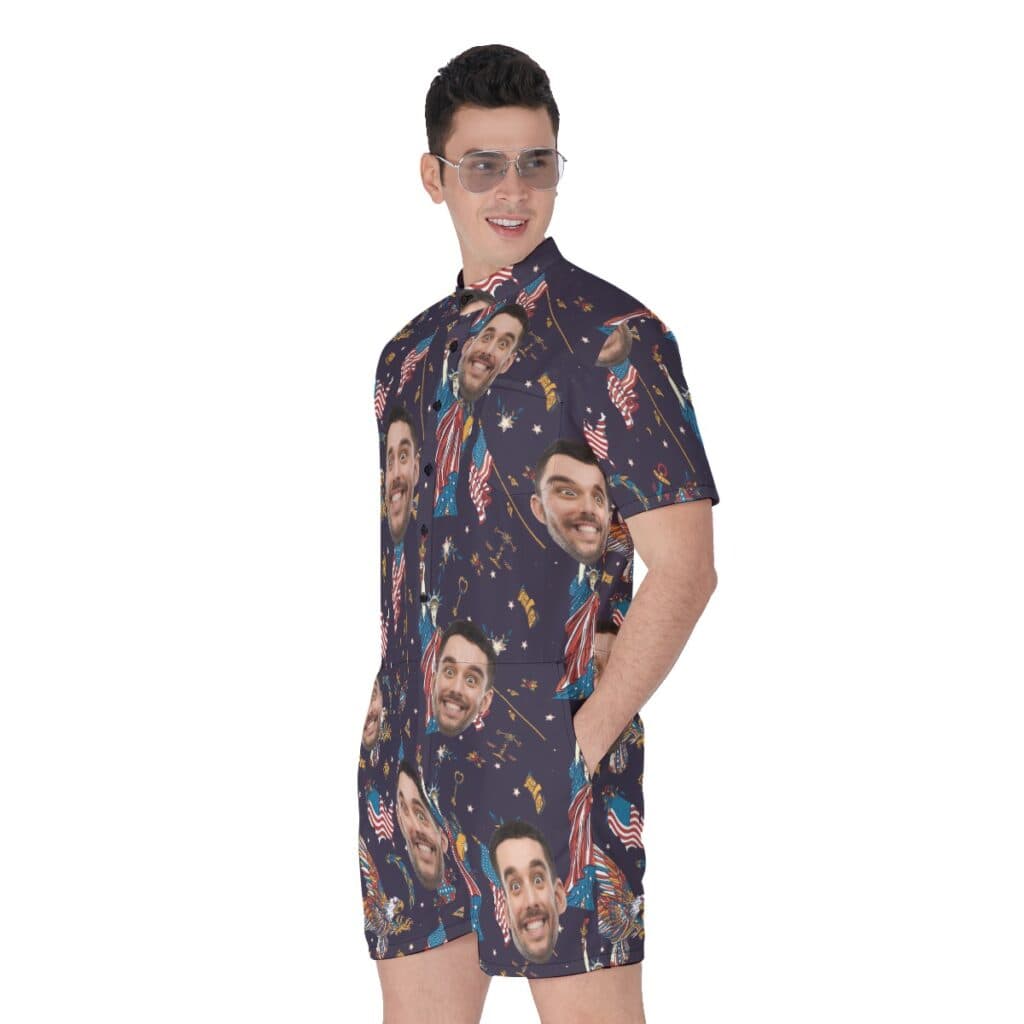 American Eagle And Statue Of Liberty Custom Face Hawaiian Romper For Men