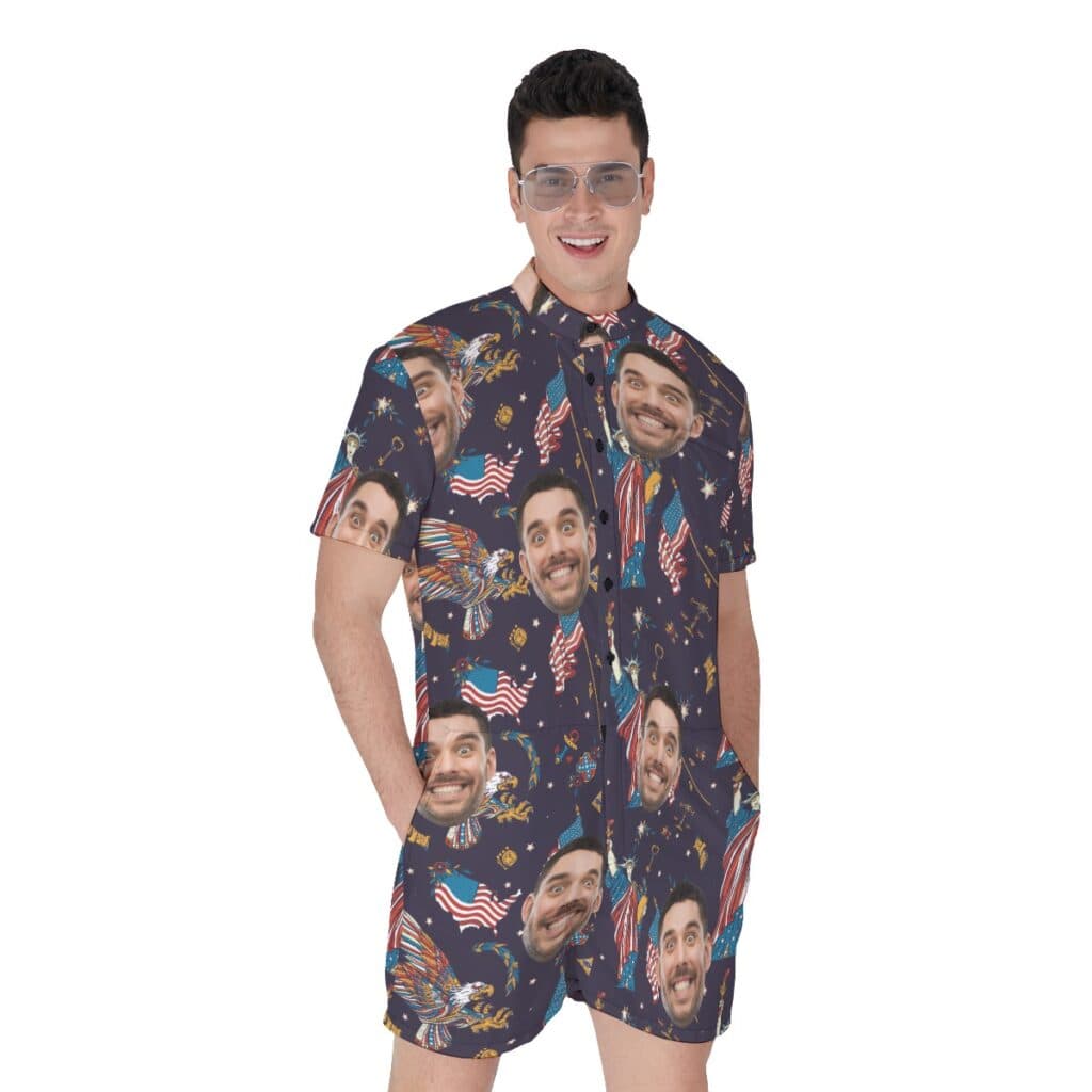 American Eagle And Statue Of Liberty Custom Face Hawaiian Romper For Men