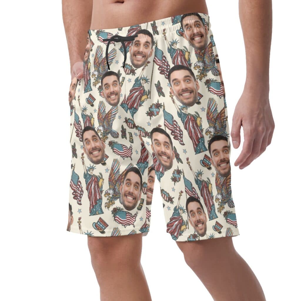 American Eagle Statue Of Liberty Custom Face Hawaiian Beach Shorts For Men