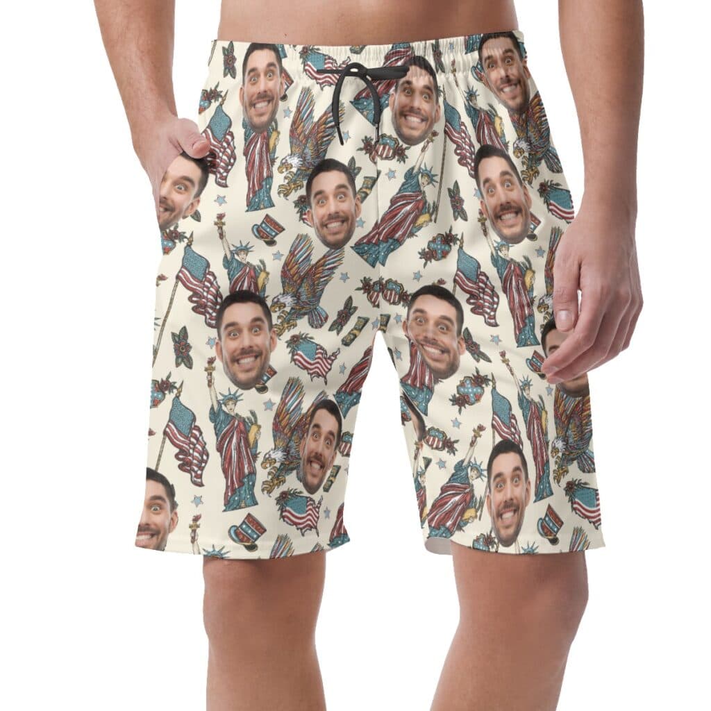 American Eagle Statue Of Liberty Custom Face Hawaiian Beach Shorts For Men