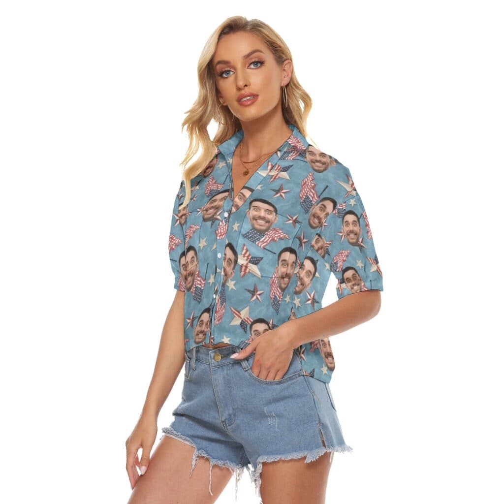 American Flag Custom Face Blue Hawaiian Crop Top Shirt For Women