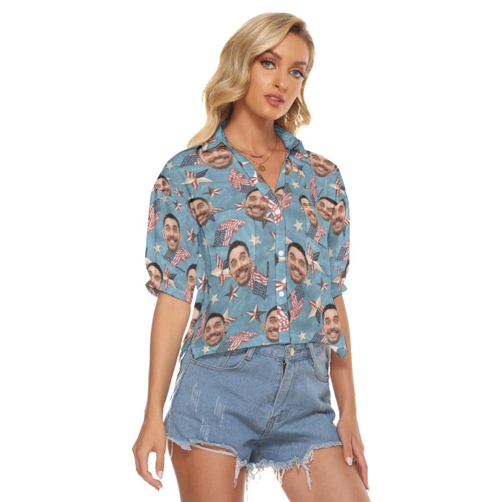 American Flag Custom Face Blue Hawaiian Crop Top Shirt For Women