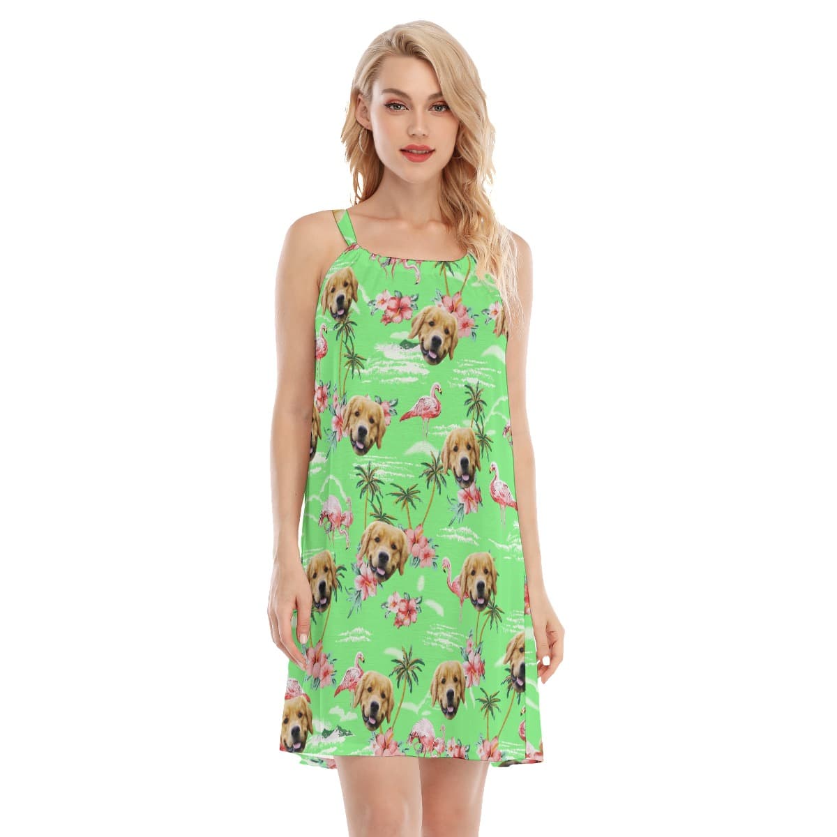 Beach Flamingo Custom Dog Green Cami Dress (1)