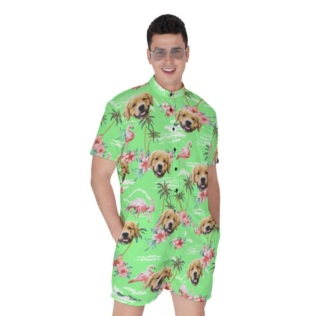 Beach Flamingo Green Men's Hawaiian Romper With Dog Face (1)