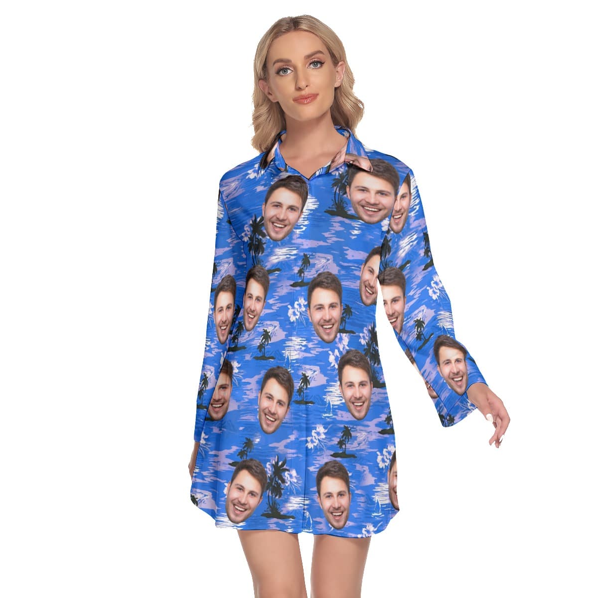 Blue Beach Hawaiian Beach Dress With Multi Face (1)