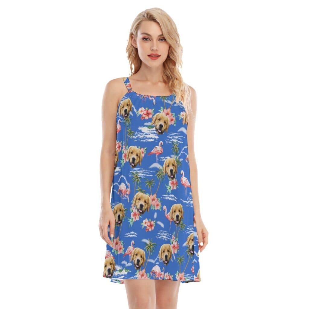 Blue Beach Palm Tree Custom Dog Face Cami Dress (1)
