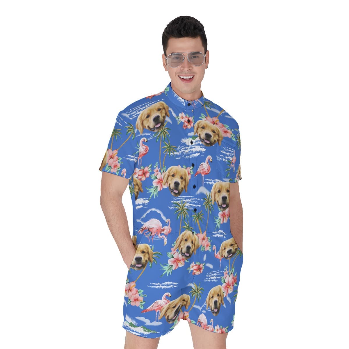 Blue Beach Palm Tree Men's Beach Romper With Dog Face (1)