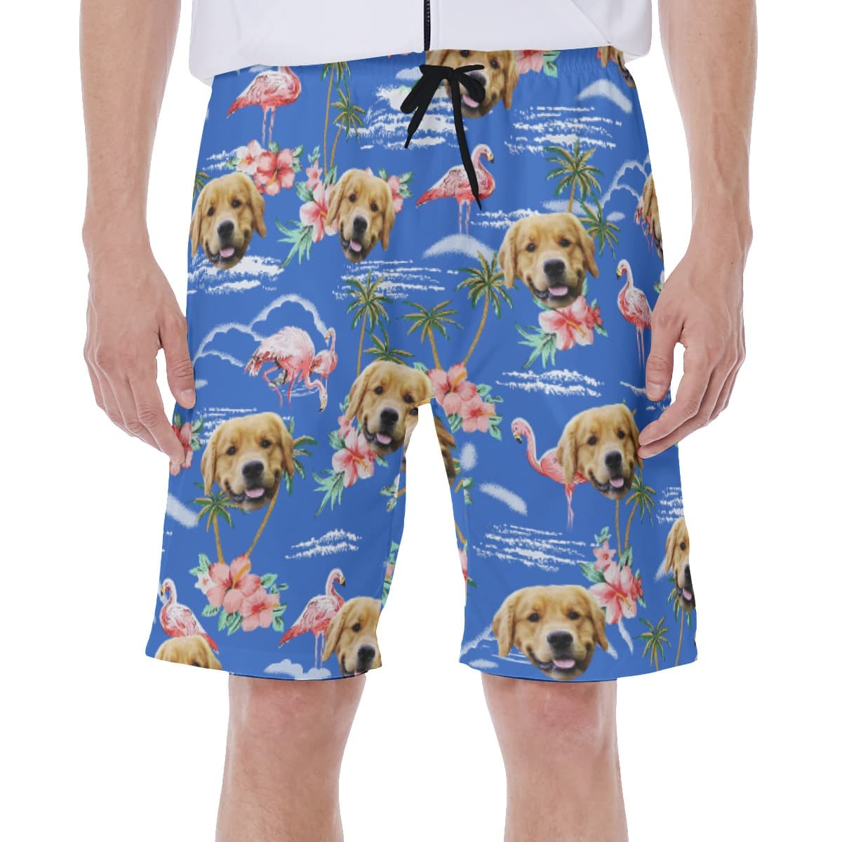 Blue Beach Palm Tree Men's Swim Trunks With Dog Face (1)