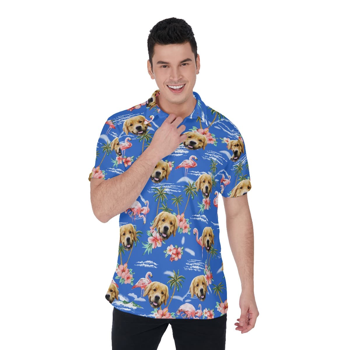 Blue Men's Collared Shirt With Custom Dog Face (1)
