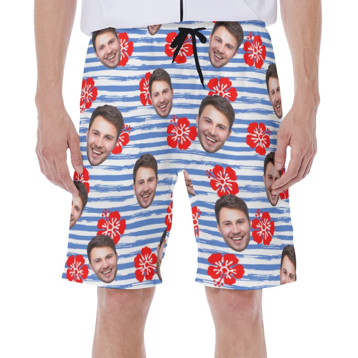 Cool Custom Face Blue Striped Hawaiian Swim Trunks (6)