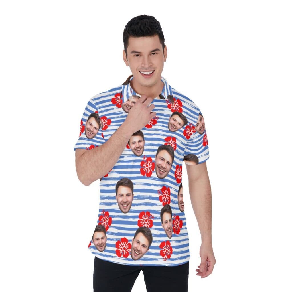 Cool Custom Face Blue Striped Men's Polo Shirt (1)