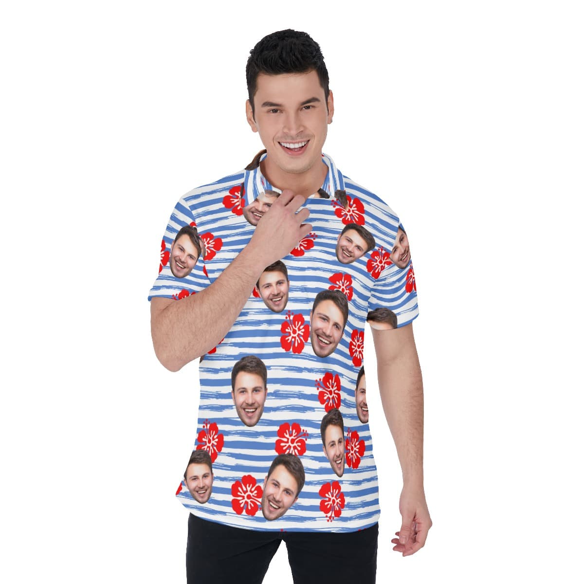 Cool Custom Face Blue Striped Men's Polo Shirt (1)