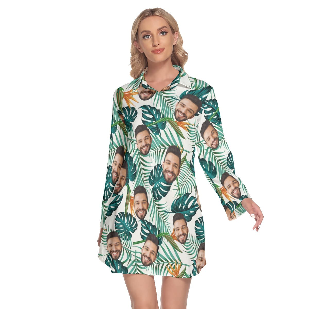 Cool Custom Multiple Faces Lapel Hawaiian Print Dress (3)