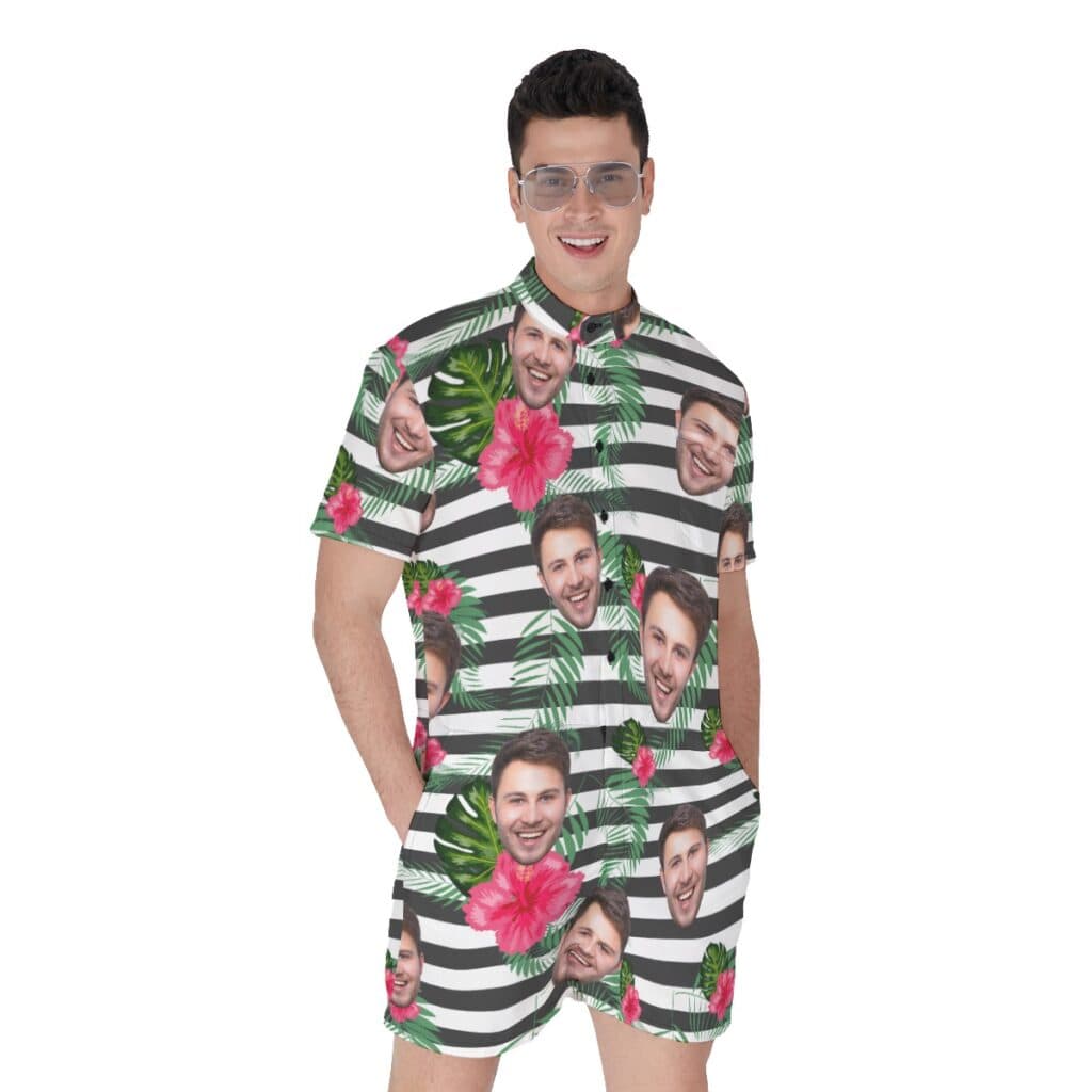 Cool Hibiscus Striped Men's Romper With Custom Face (1)