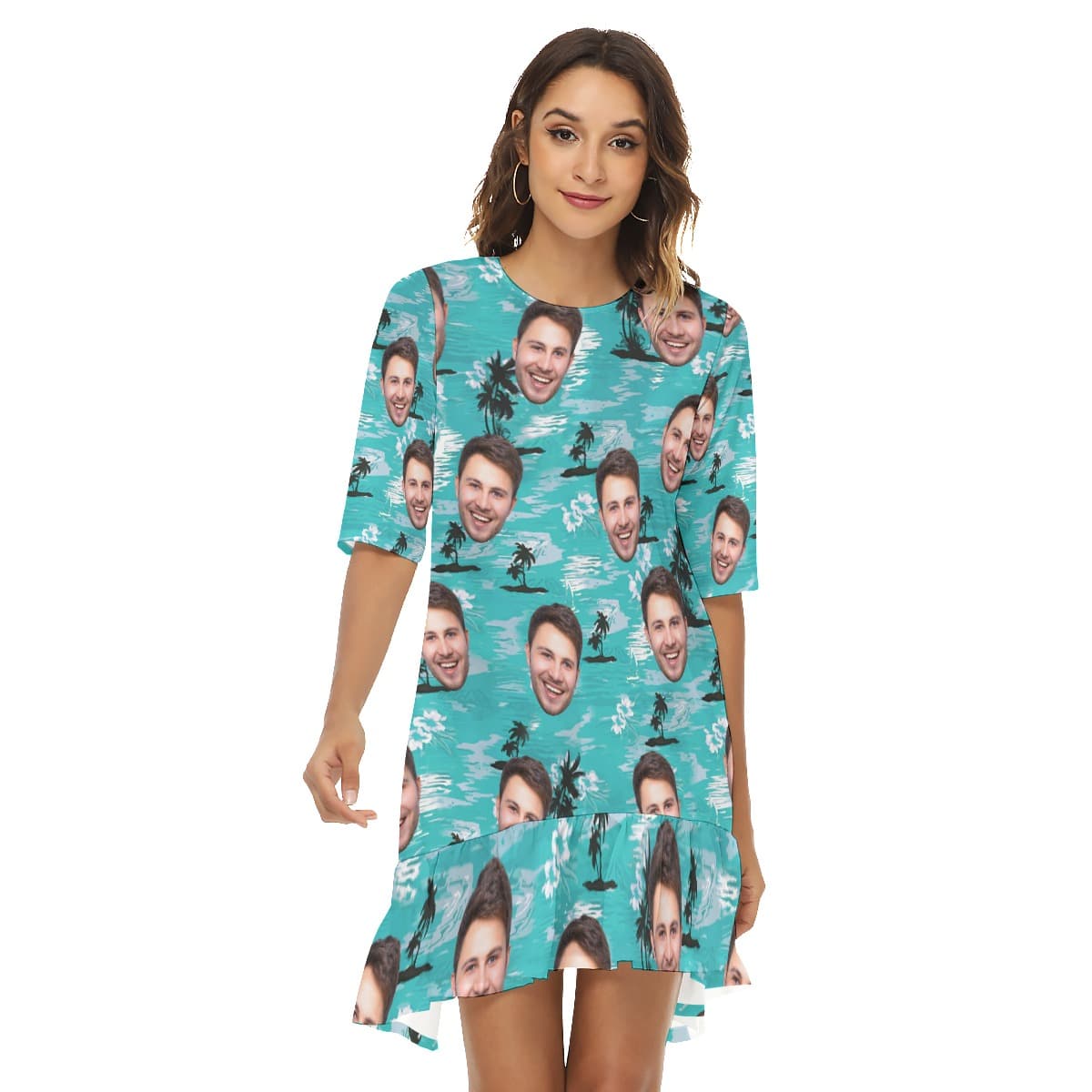 Cool Light Blue Beach Palm Custom Face Hawaiian Dress (1)
