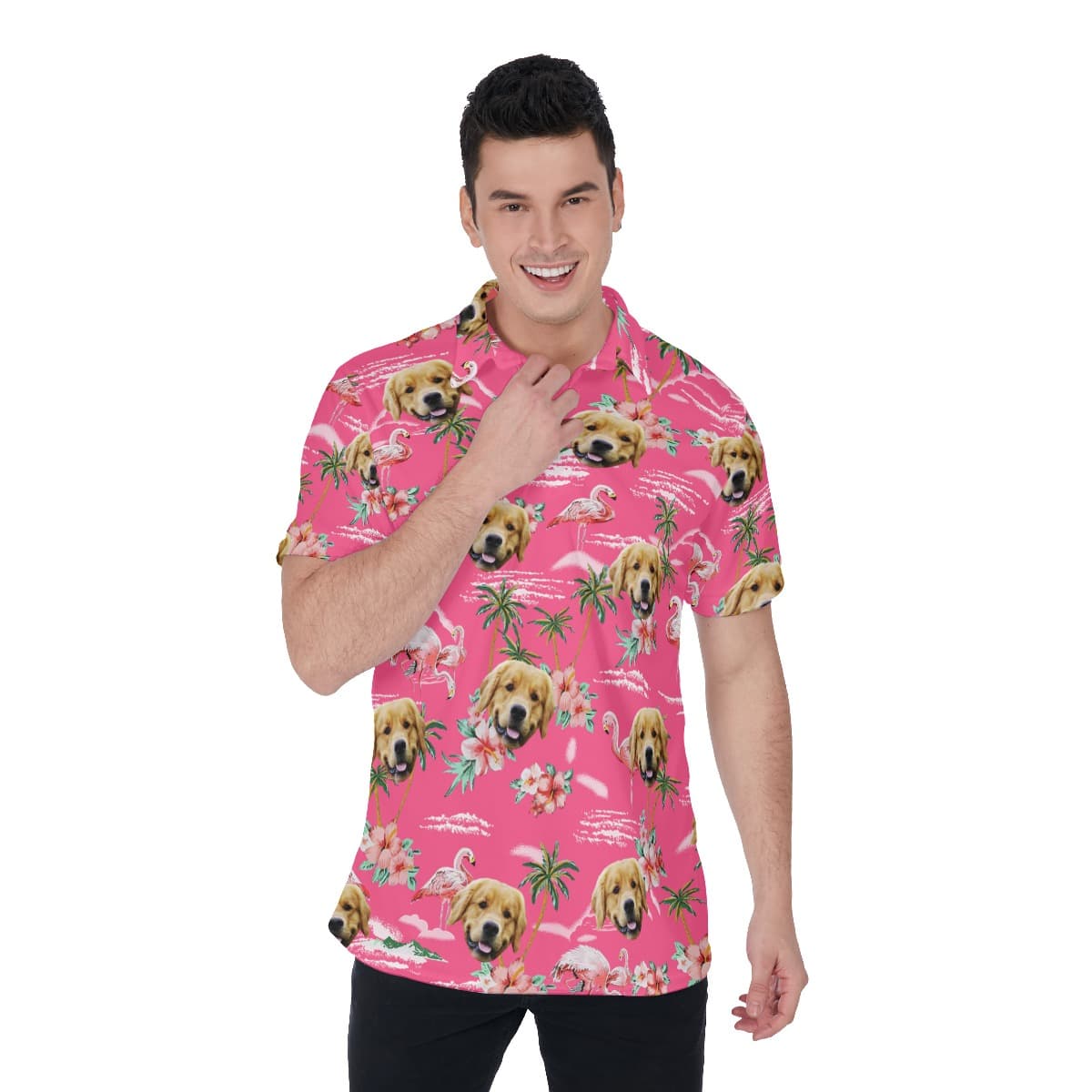 Cool Pink Men's Collared Polo Shirt With Dog Face (1)