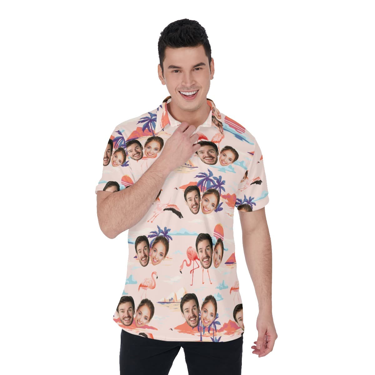 Couple Custom Face Men's Polo Shirt With Hawaiian Print (1)