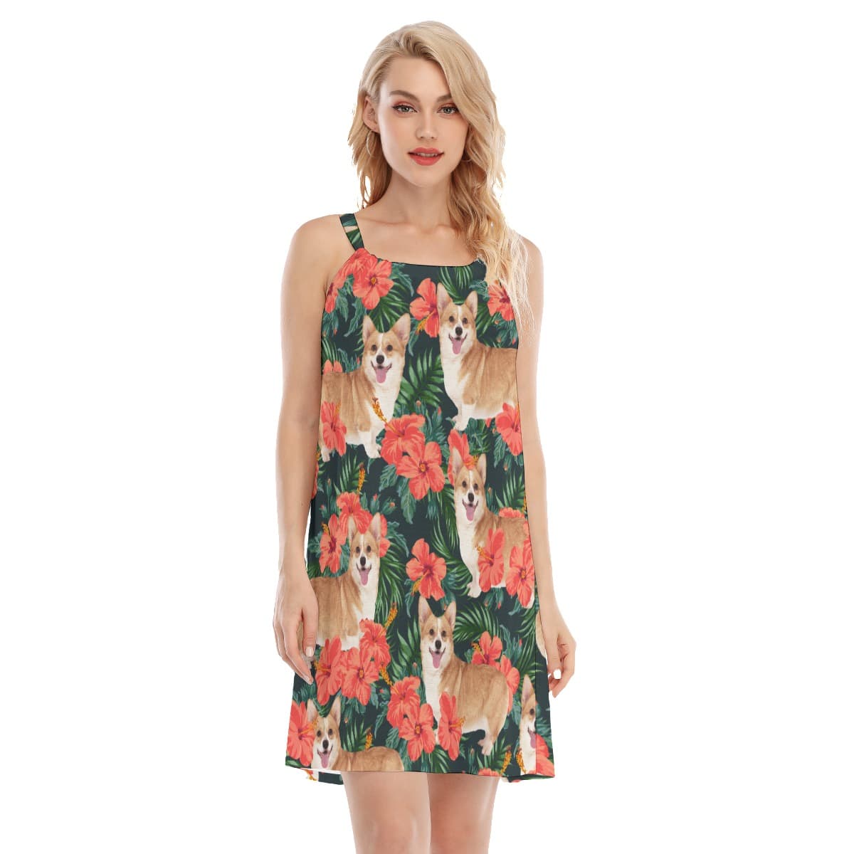 Custom Dog Face Hibicus Hawaiian Dress For Girls (4)