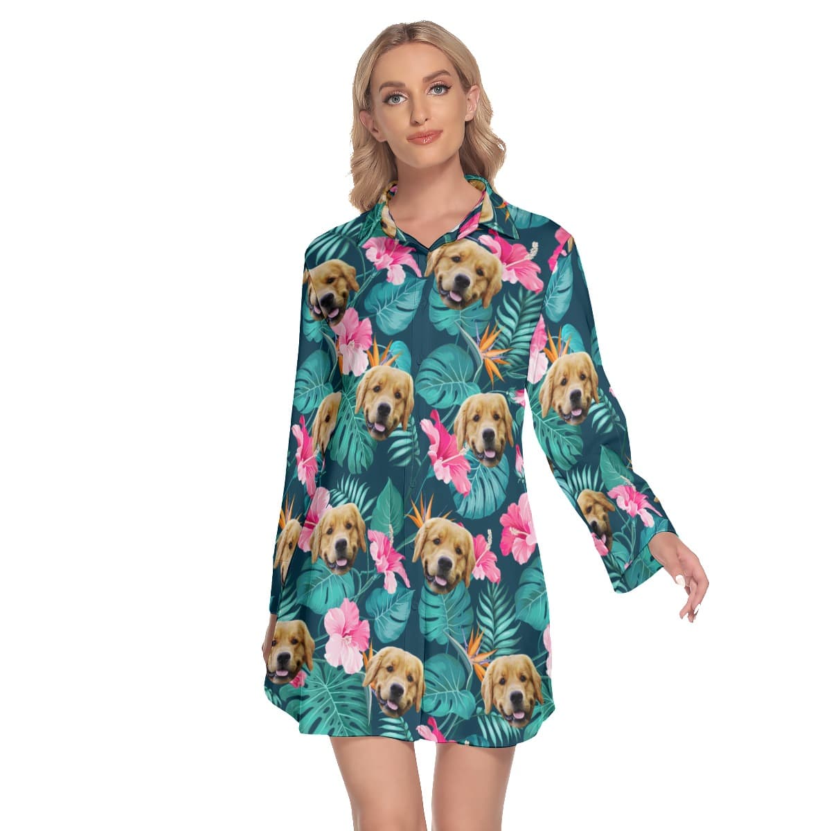 Custom Dog Face Hibicus Hawaiian Shirt Dress For Women