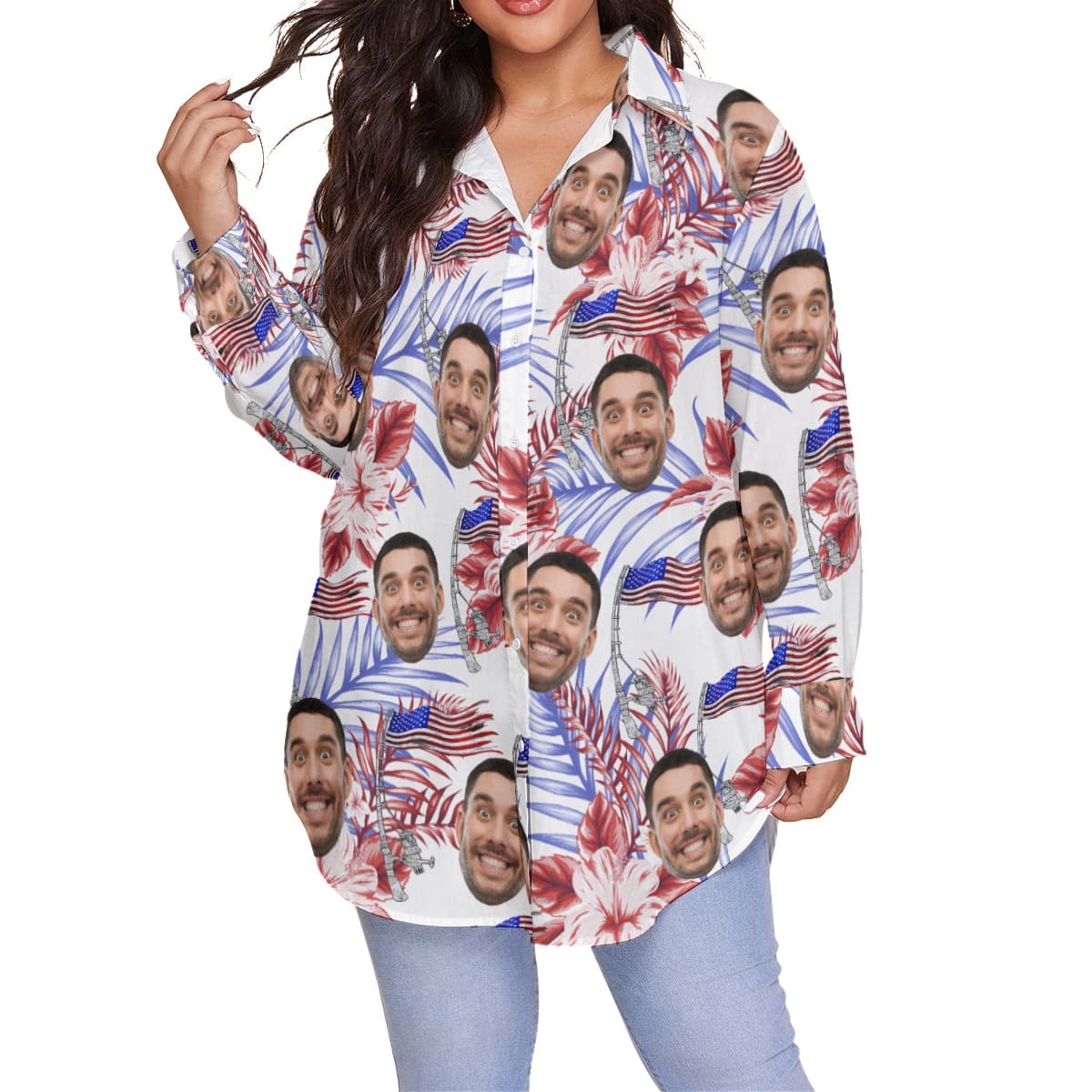 Custom Face American Flag Floral Hawaiian Plus Size Shirt For Women (4)