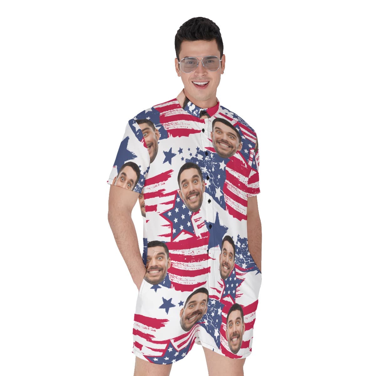 Custom Face American Flag Hawaiian Romper For Men