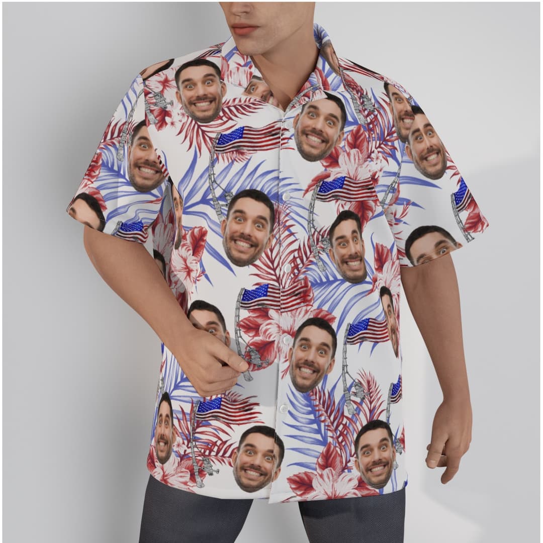 A Hawaiian shirt with tropical leaves, red hibiscus, American flag and custom multiple Faces on it