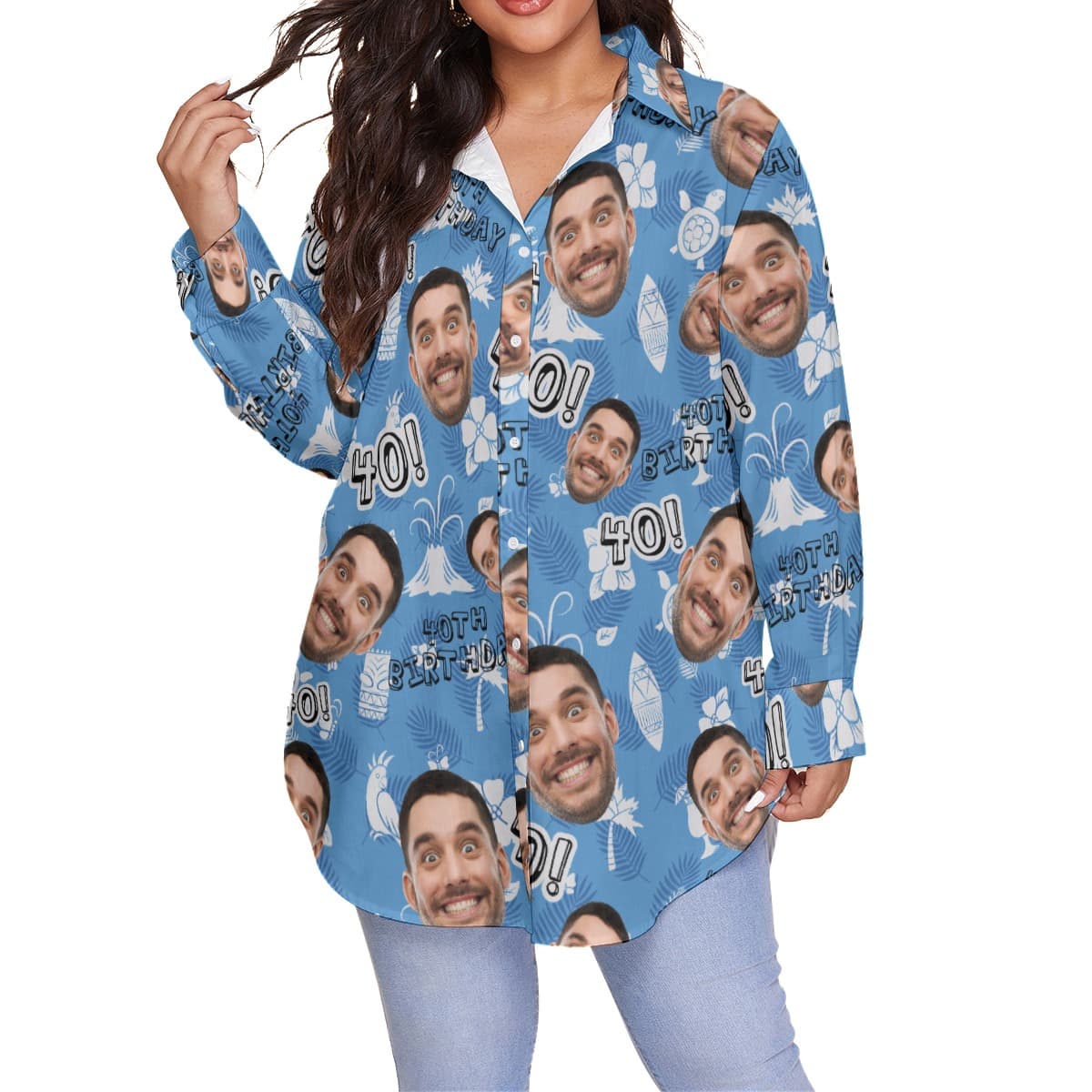 Custom Face Birthday Vintage Blue Hawaiian Plus Size Shirt For Women (3)